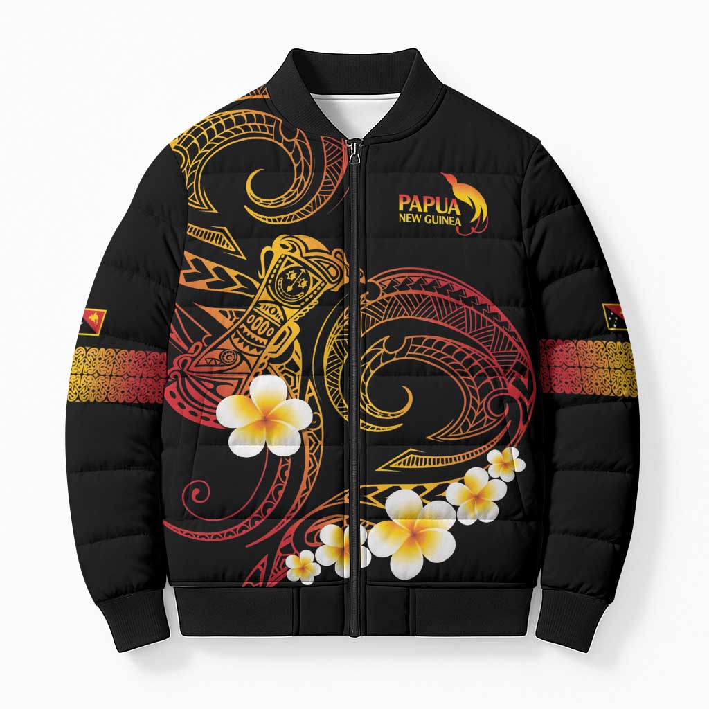 Personalised Papua New Guinea Sepik Bomber Puffer Jacket Plumeria Floral Tribal Pattern LT9 Unisex Black - Polynesian Pride