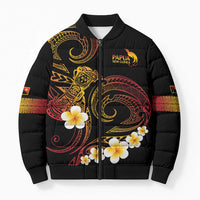 Personalised Papua New Guinea Sepik Bomber Puffer Jacket Plumeria Floral Tribal Pattern LT9 Unisex Black - Polynesian Pride