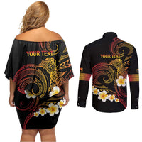 Personalised Papua New Guinea Sepik Couples Matching Off Shoulder Short Dress and Long Sleeve Button Shirt Plumeria Floral Tribal Pattern - Polynesian Pride