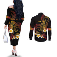 Personalised Papua New Guinea Sepik Couples Matching Off The Shoulder Long Sleeve Dress and Long Sleeve Button Shirt Plumeria Floral Tribal Pattern - Polynesian Pride