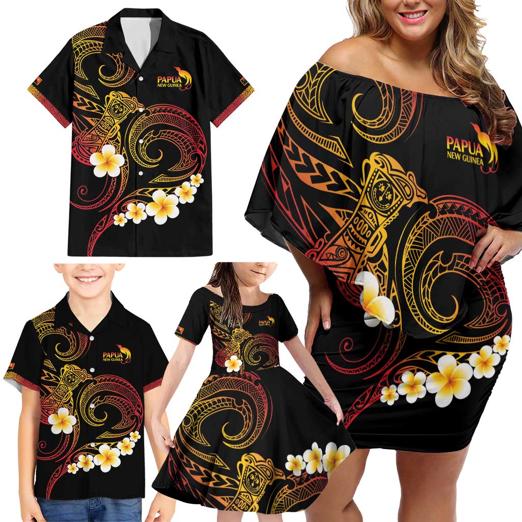 Personalised Papua New Guinea Sepik Family Matching Off Shoulder Short Dress and Hawaiian Shirt Plumeria Floral Tribal Pattern - Polynesian Pride