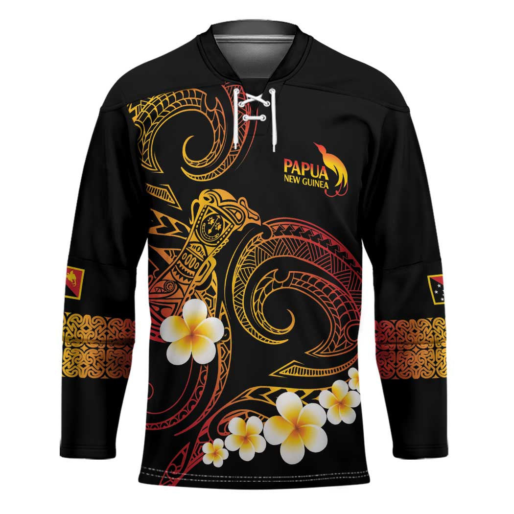 Personalised Papua New Guinea Sepik Hockey Jersey Plumeria Floral Tribal Pattern LT9 Unisex Black - Polynesian Pride