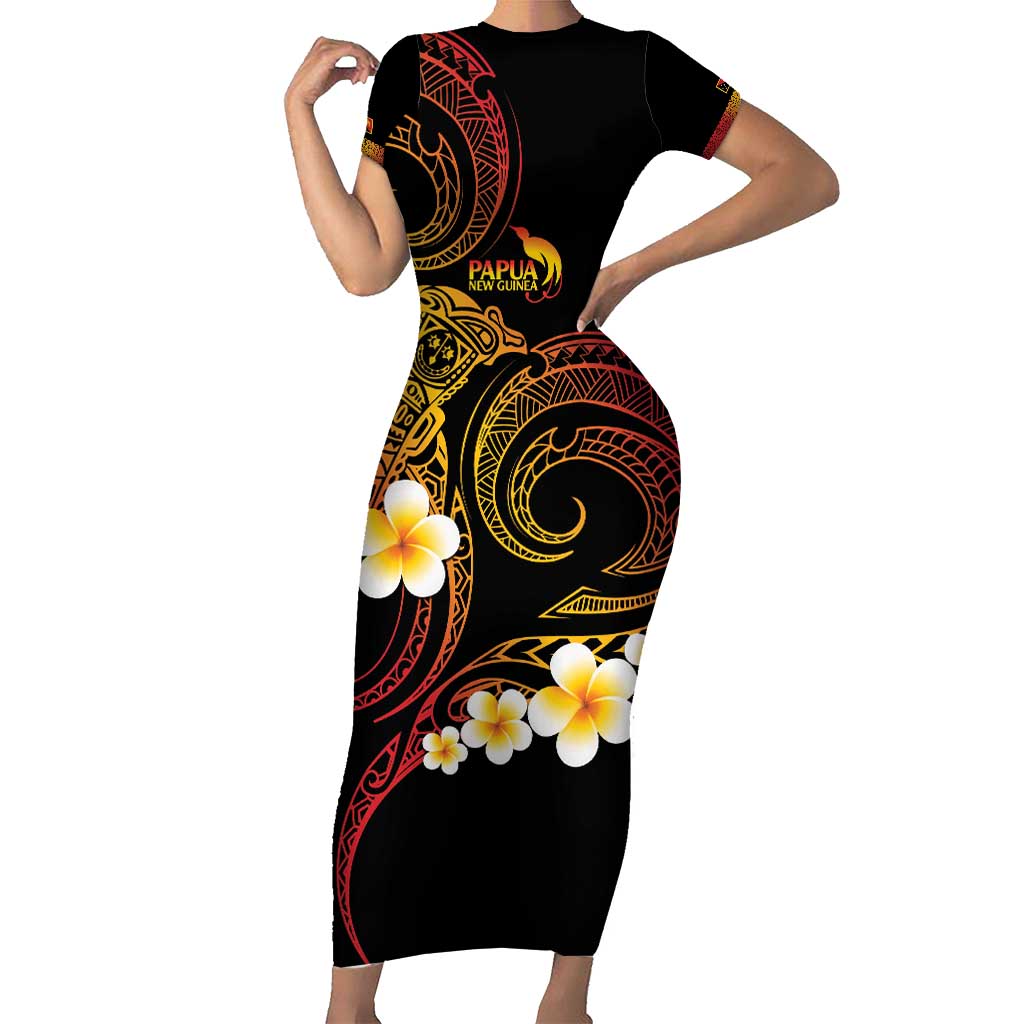 Personalised Papua New Guinea Sepik Short Sleeve Bodycon Dress Plumeria Floral Tribal Pattern - Polynesian Pride