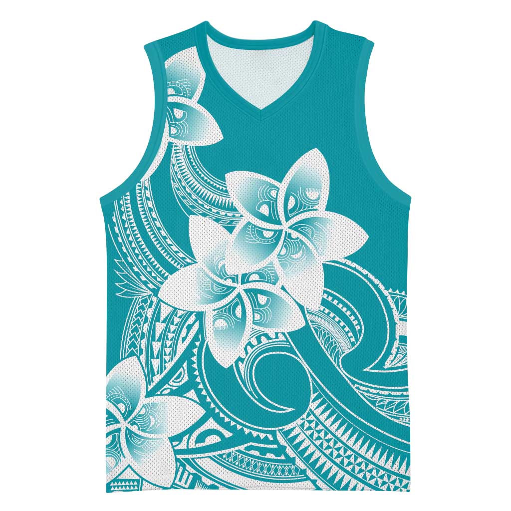 Polynesian Plumeria Flowers Tribal Basketball Jersey Pacific Tattoo Teal Style - Polynesian Pride