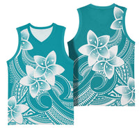Polynesian Plumeria Flowers Tribal Basketball Jersey Pacific Tattoo Teal Style - Polynesian Pride