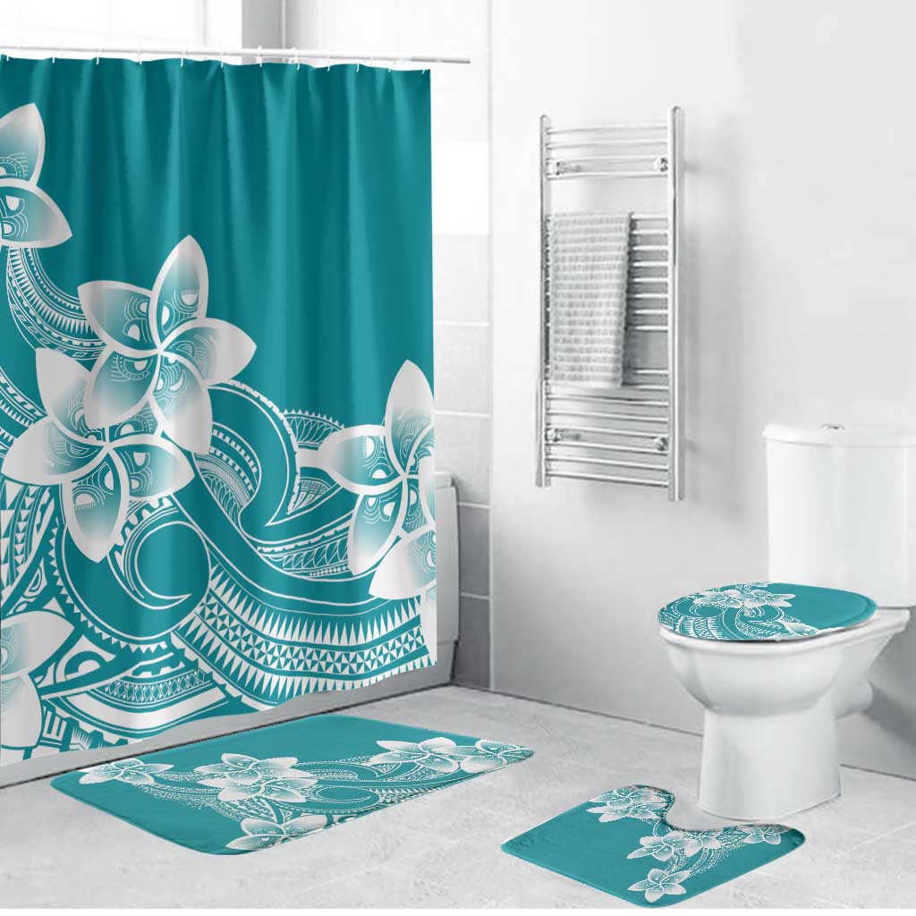 Polynesian Plumeria Flowers Tribal Bathroom Set Pacific Tattoo Teal Style LT9 Bathroom Set (4 pcs) Teal - Polynesian Pride