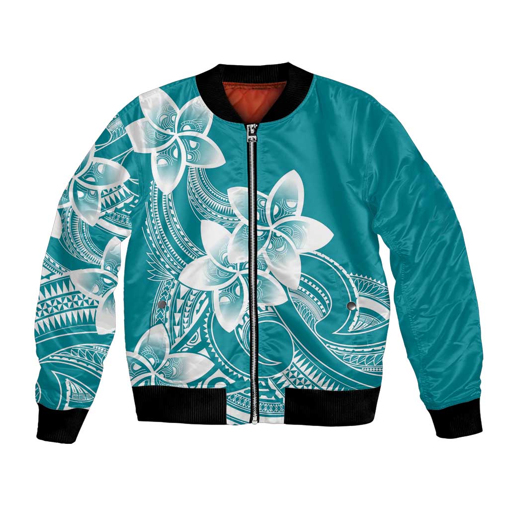 Polynesian Plumeria Flowers Tribal Bomber Jacket Pacific Tattoo Teal Style LT9 Unisex Teal - Polynesian Pride
