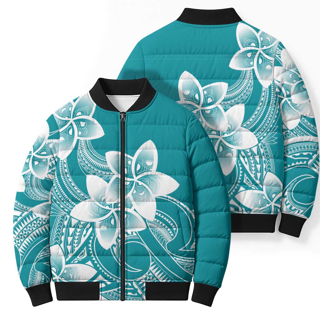 Polynesian Plumeria Flowers Tribal Bomber Puffer Jacket Pacific Tattoo Teal Style - Polynesian Pride