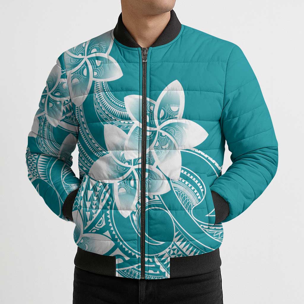 Polynesian Plumeria Flowers Tribal Bomber Puffer Jacket Pacific Tattoo Teal Style - Polynesian Pride