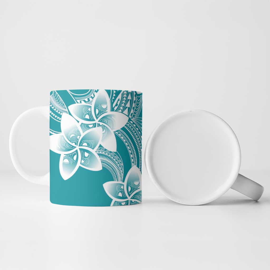 Polynesian Plumeria Flowers Tribal Ceramic Mug Pacific Tattoo Teal Style - Polynesian Pride