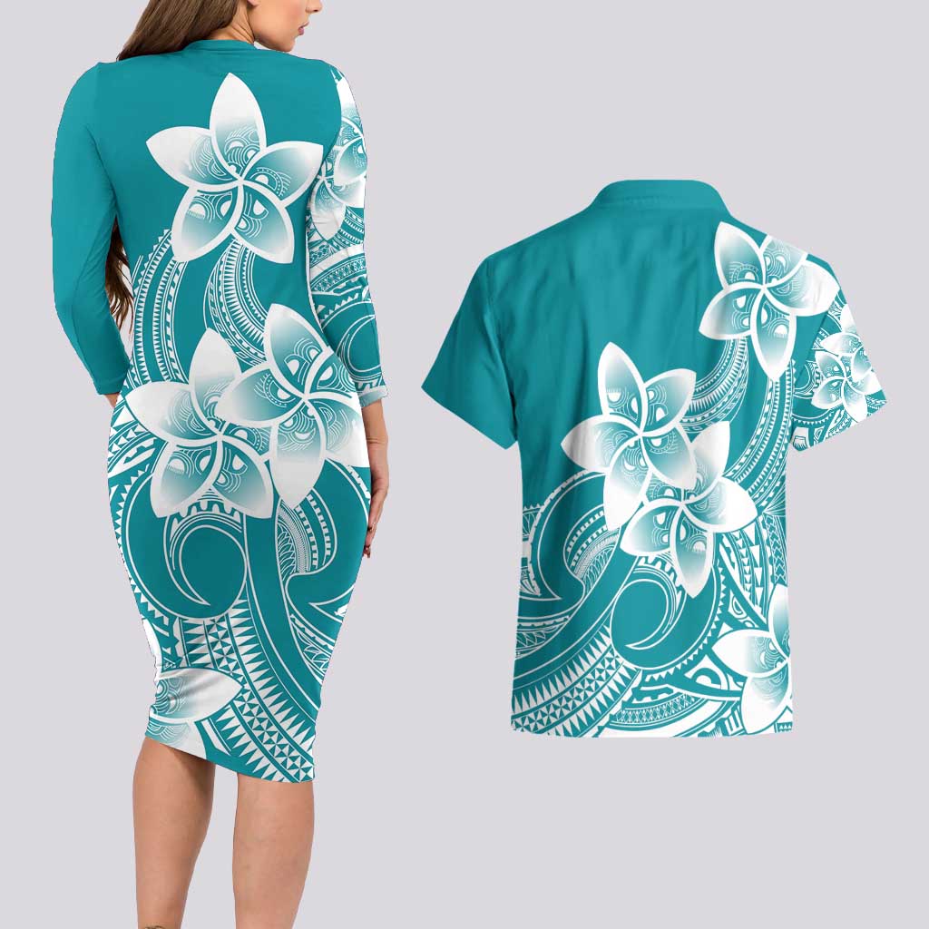 Polynesian Plumeria Flowers Tribal Couples Matching Long Sleeve Bodycon Dress and Hawaiian Shirt Pacific Tattoo Teal Style - Polynesian Pride