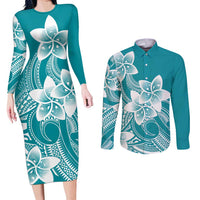 Polynesian Plumeria Flowers Tribal Couples Matching Long Sleeve Bodycon Dress and Long Sleeve Button Shirt Pacific Tattoo Teal Style - Polynesian Pride
