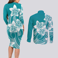 Polynesian Plumeria Flowers Tribal Couples Matching Long Sleeve Bodycon Dress and Long Sleeve Button Shirt Pacific Tattoo Teal Style - Polynesian Pride