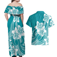 Polynesian Plumeria Flowers Tribal Couples Matching Off Shoulder Maxi Dress and Hawaiian Shirt Pacific Tattoo Teal Style - Polynesian Pride