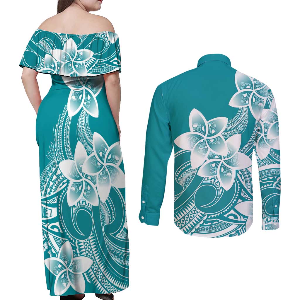 Polynesian Plumeria Flowers Tribal Couples Matching Off Shoulder Maxi Dress and Long Sleeve Button Shirt Pacific Tattoo Teal Style - Polynesian Pride