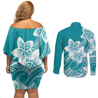 Polynesian Plumeria Flowers Tribal Couples Matching Off Shoulder Short Dress and Long Sleeve Button Shirt Pacific Tattoo Teal Style - Polynesian Pride