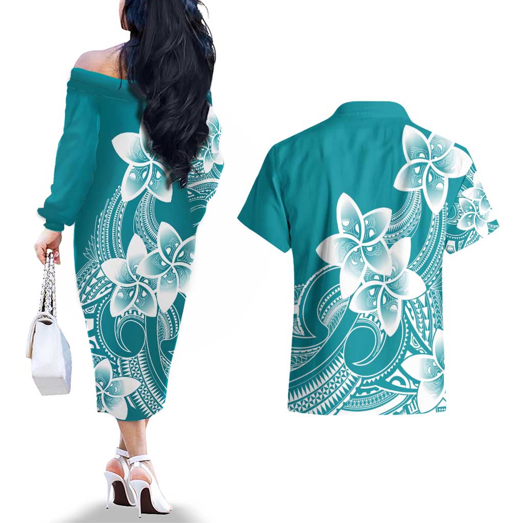 Polynesian Plumeria Flowers Tribal Couples Matching Off The Shoulder Long Sleeve Dress and Hawaiian Shirt Pacific Tattoo Teal Style - Polynesian Pride