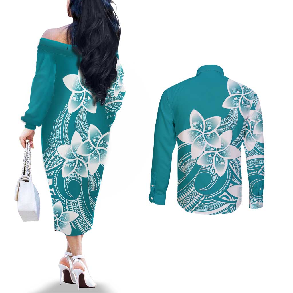 Polynesian Plumeria Flowers Tribal Couples Matching Off The Shoulder Long Sleeve Dress and Long Sleeve Button Shirt Pacific Tattoo Teal Style - Polynesian Pride