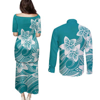 Polynesian Plumeria Flowers Tribal Couples Matching Puletasi and Long Sleeve Button Shirt Pacific Tattoo Teal Style - Polynesian Pride