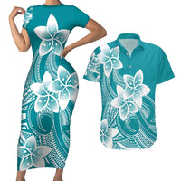 Polynesian Plumeria Flowers Tribal Couples Matching Short Sleeve Bodycon Dress and Hawaiian Shirt Pacific Tattoo Teal Style - Polynesian Pride