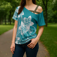 Polynesian Plumeria Flowers Tribal Cross Shoulder Shirt Pacific Tattoo Teal Style - Polynesian Pride