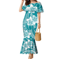 Polynesian Plumeria Flowers Tribal Family Matching Mermaid Dress and Hawaiian Shirt Pacific Tattoo Teal Style - Polynesian Pride