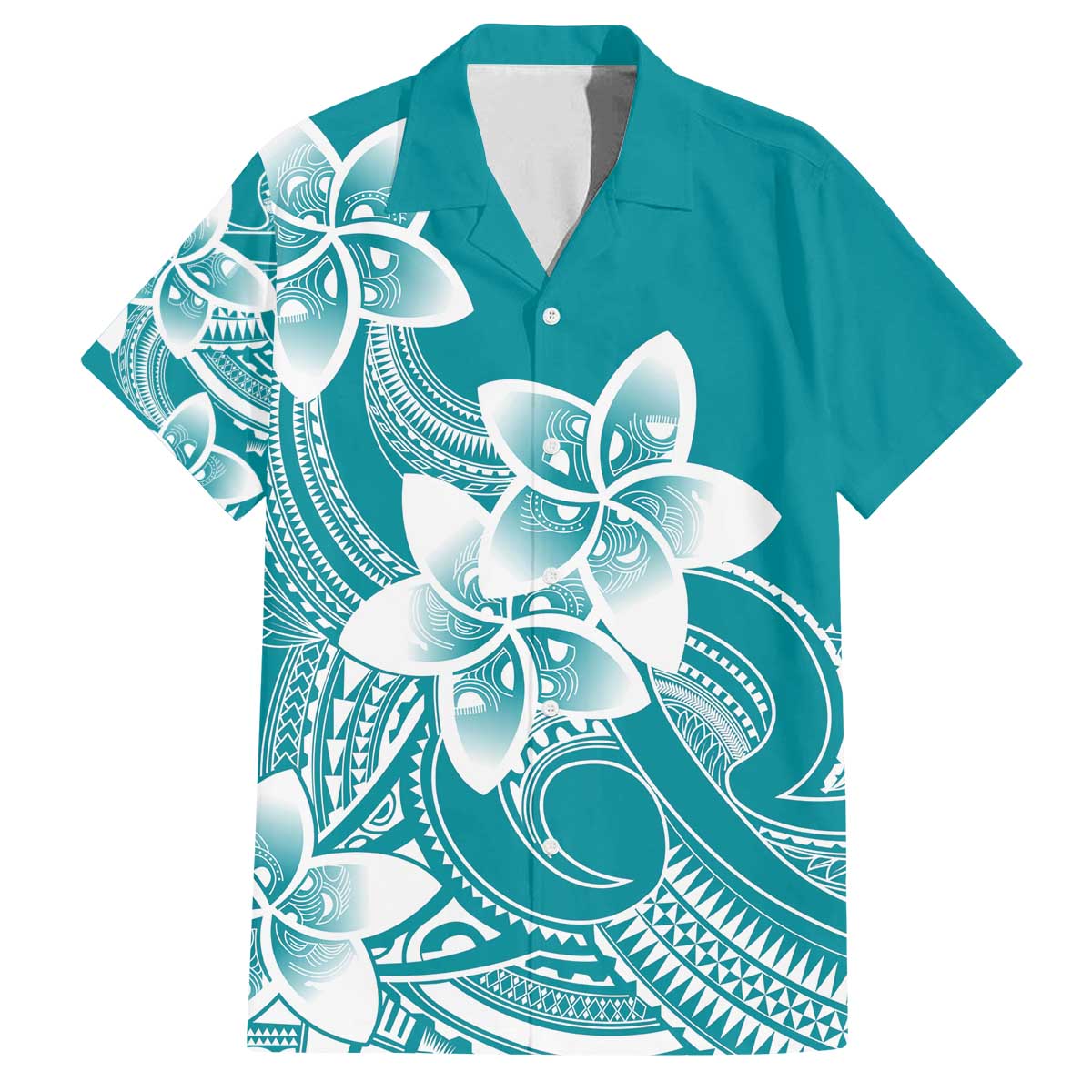 Polynesian Plumeria Flowers Tribal Family Matching Off The Shoulder Long Sleeve Dress and Hawaiian Shirt Pacific Tattoo Teal Style - Polynesian Pride