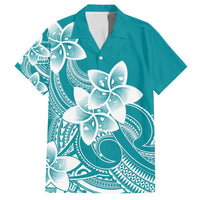 Polynesian Plumeria Flowers Tribal Family Matching Off The Shoulder Long Sleeve Dress and Hawaiian Shirt Pacific Tattoo Teal Style - Polynesian Pride