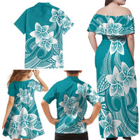 Polynesian Plumeria Flowers Tribal Family Matching Off Shoulder Maxi Dress and Hawaiian Shirt Pacific Tattoo Teal Style - Polynesian Pride