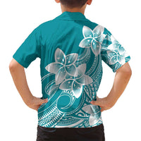 Polynesian Plumeria Flowers Tribal Family Matching Off Shoulder Short Dress and Hawaiian Shirt Pacific Tattoo Teal Style - Polynesian Pride