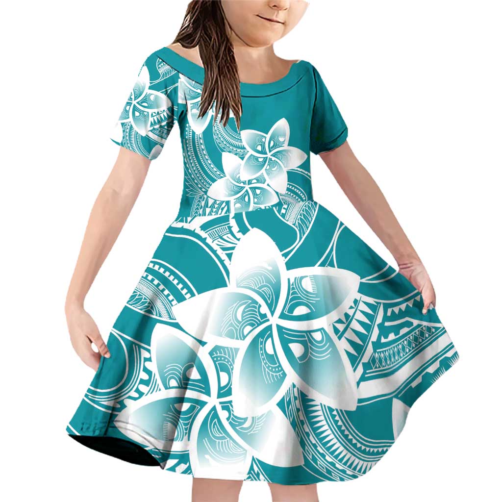 Polynesian Plumeria Flowers Tribal Family Matching Off Shoulder Short Dress and Hawaiian Shirt Pacific Tattoo Teal Style - Polynesian Pride