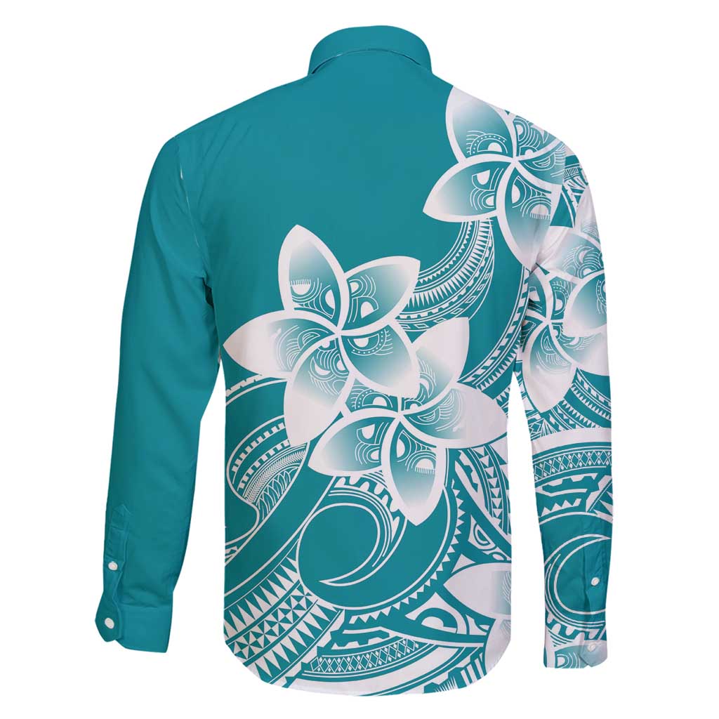 Polynesian Plumeria Flowers Tribal Family Matching Off Shoulder Short Dress and Hawaiian Shirt Pacific Tattoo Teal Style - Polynesian Pride