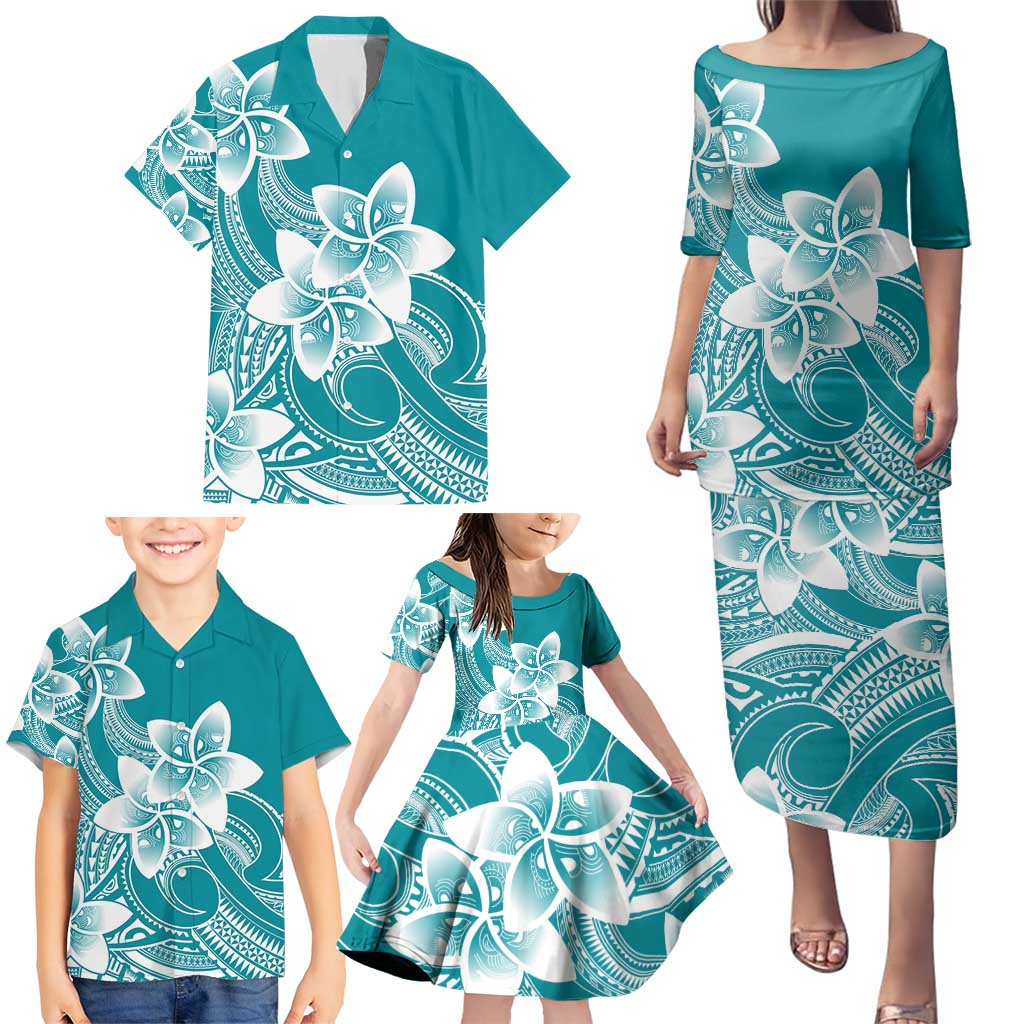 Polynesian Plumeria Flowers Tribal Family Matching Puletasi and Hawaiian Shirt Pacific Tattoo Teal Style - Polynesian Pride