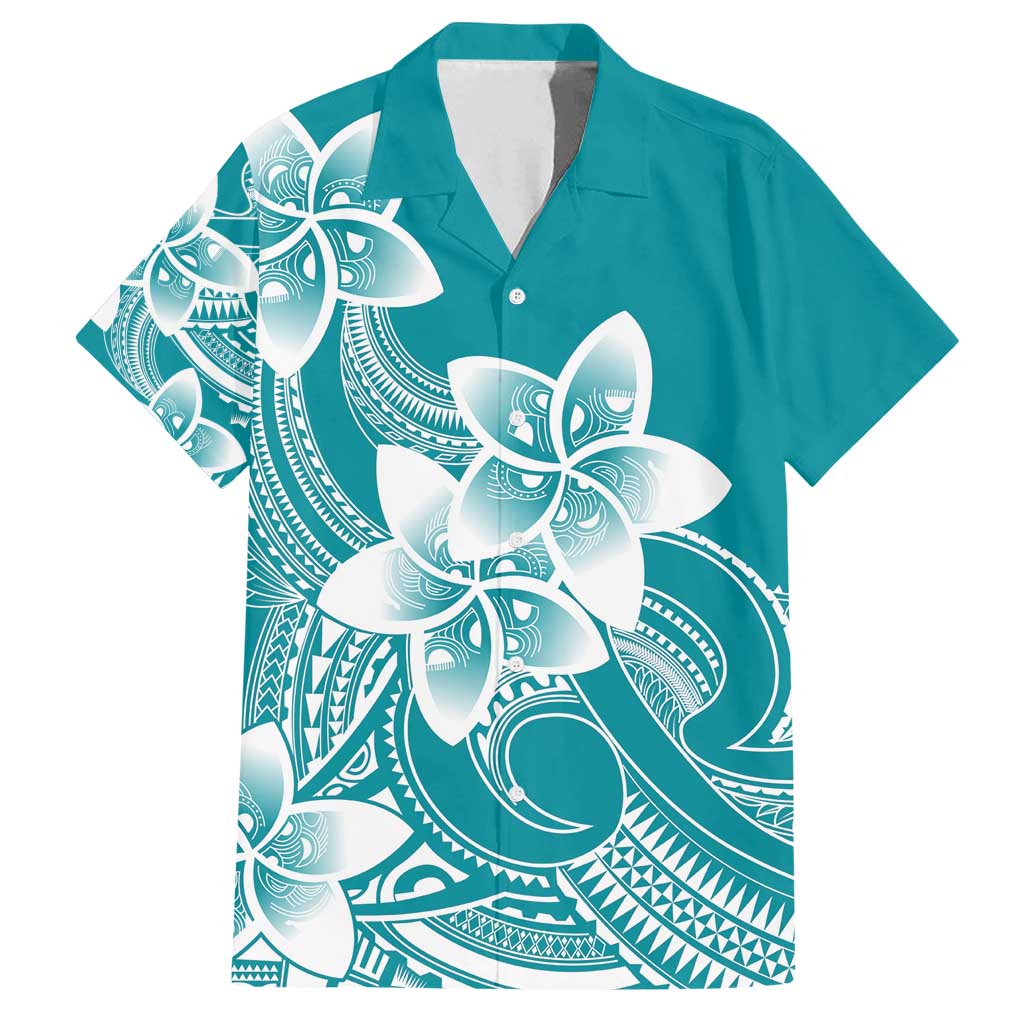 Polynesian Plumeria Flowers Tribal Family Matching Puletasi and Hawaiian Shirt Pacific Tattoo Teal Style - Polynesian Pride