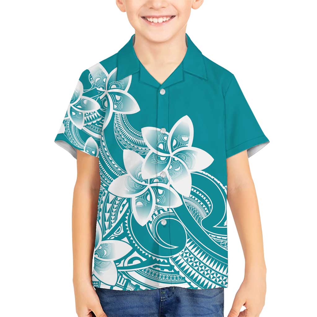 Polynesian Plumeria Flowers Tribal Family Matching Puletasi and Hawaiian Shirt Pacific Tattoo Teal Style - Polynesian Pride