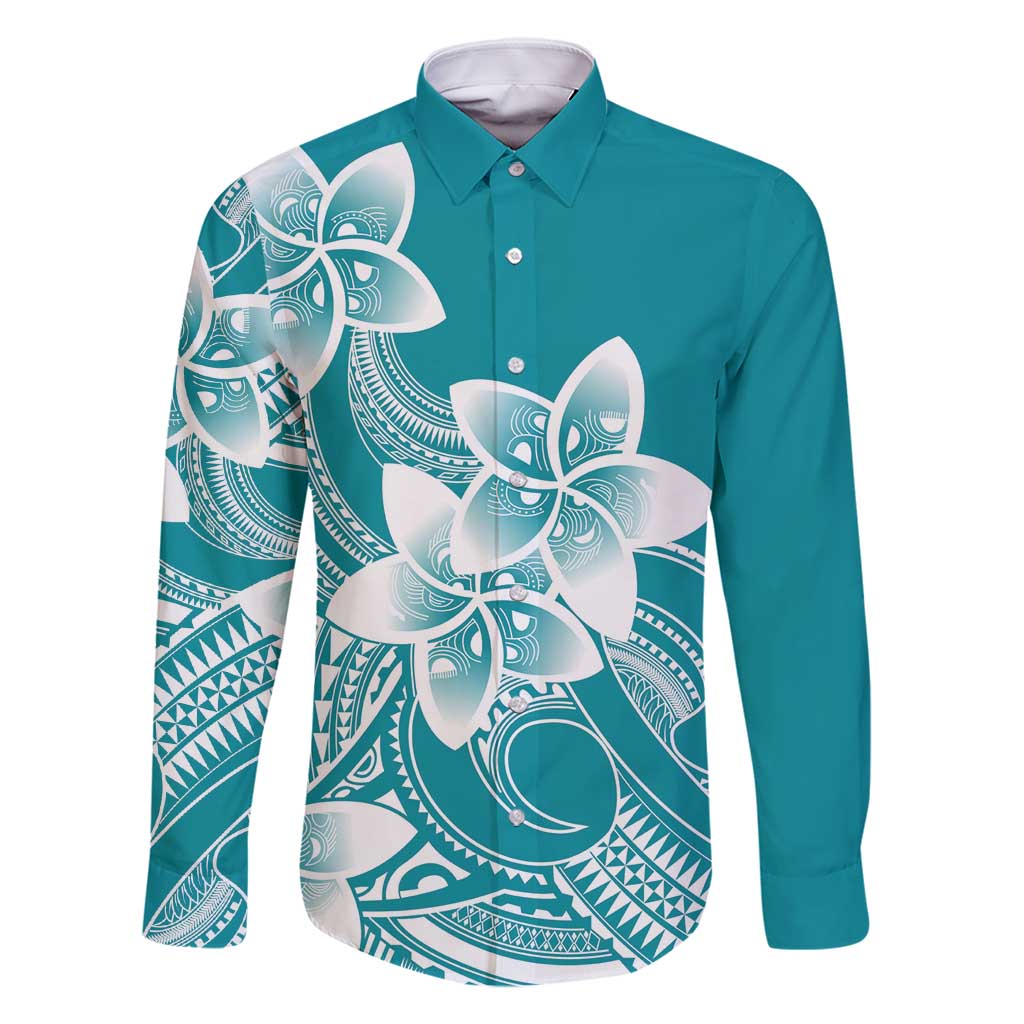 Polynesian Plumeria Flowers Tribal Family Matching Tank Maxi Dress and Hawaiian Shirt Pacific Tattoo Teal Style - Polynesian Pride