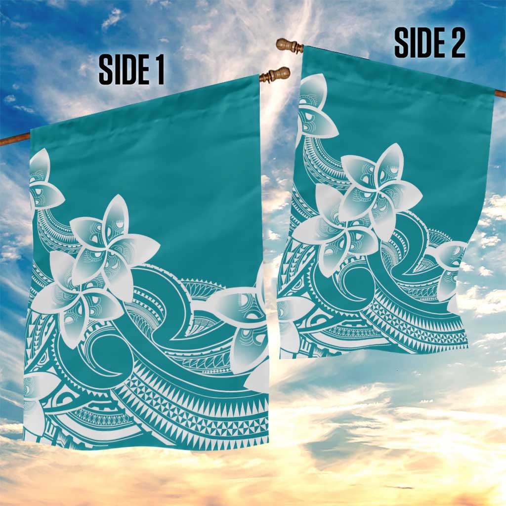 Polynesian Plumeria Flowers Tribal Garden Flag Pacific Tattoo Teal Style - Polynesian Pride