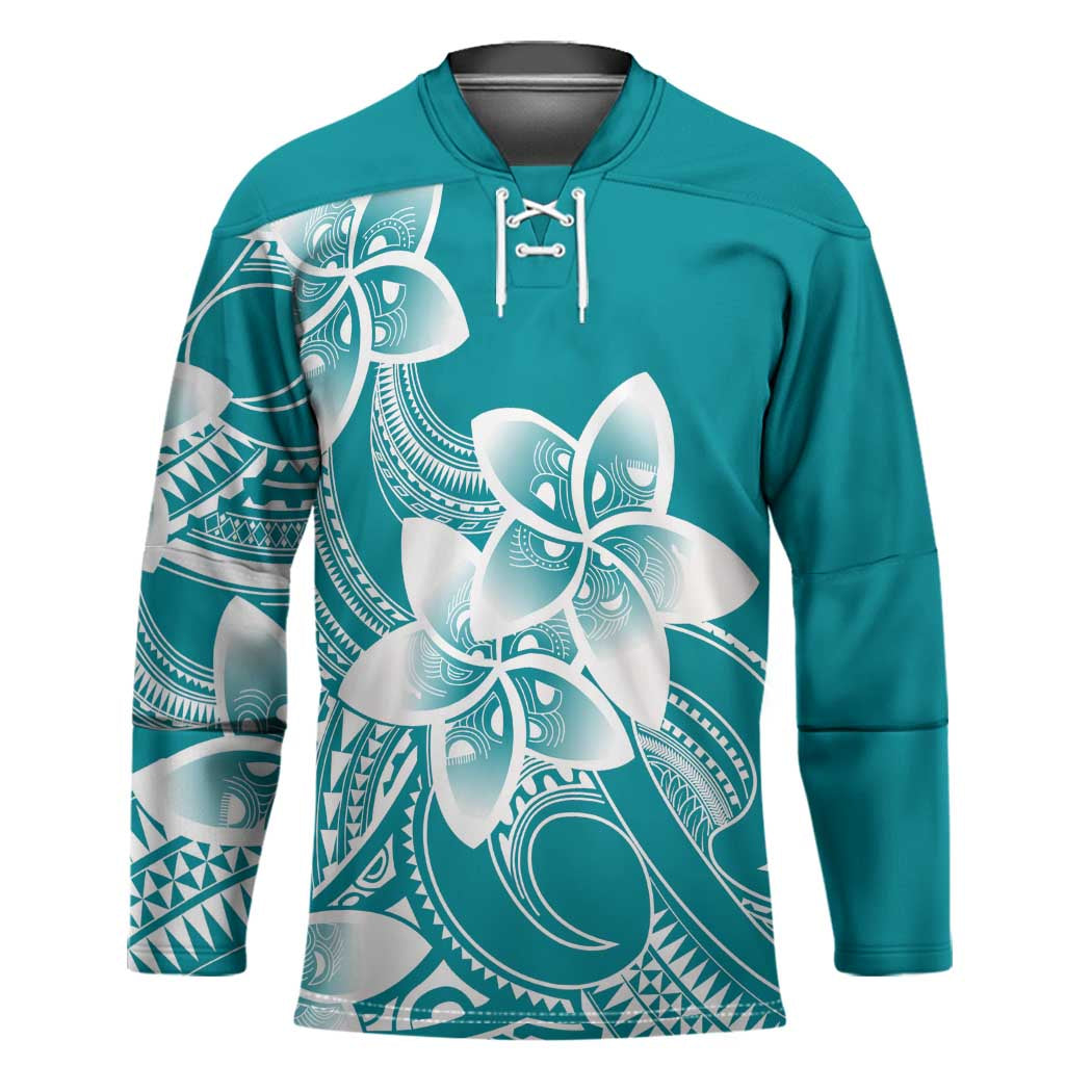 Polynesian Plumeria Flowers Tribal Hockey Jersey Pacific Tattoo Teal Style - Polynesian Pride
