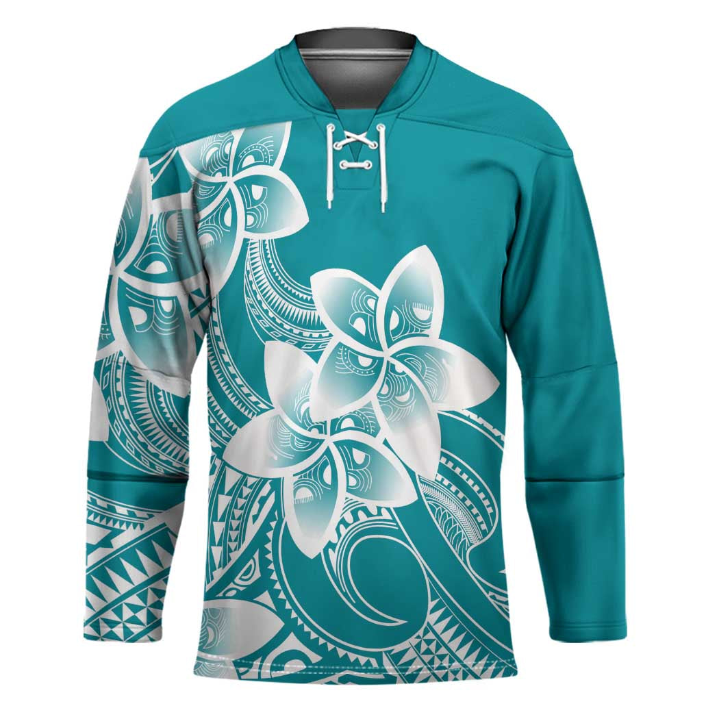 Polynesian Plumeria Flowers Tribal Hockey Jersey Pacific Tattoo Teal Style LT9 Unisex Teal - Polynesian Pride