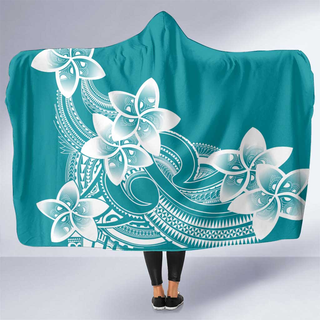 Polynesian Plumeria Flowers Tribal Hooded Blanket Pacific Tattoo Teal Style LT9 One Size Teal - Polynesian Pride