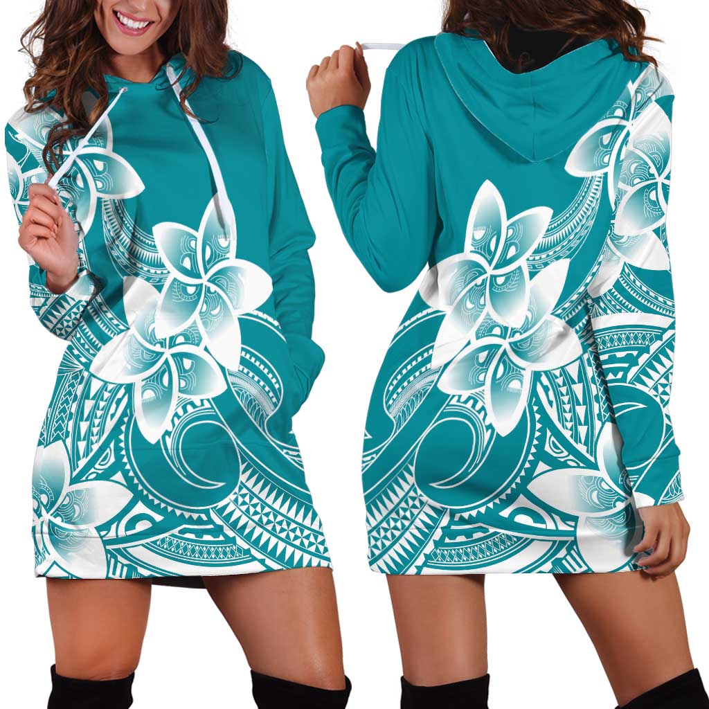 Polynesian Plumeria Flowers Tribal Hoodie Dress Pacific Tattoo Teal Style - Polynesian Pride
