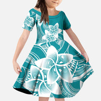 Polynesian Plumeria Flowers Tribal Kid Short Sleeve Dress Pacific Tattoo Teal Style - Polynesian Pride