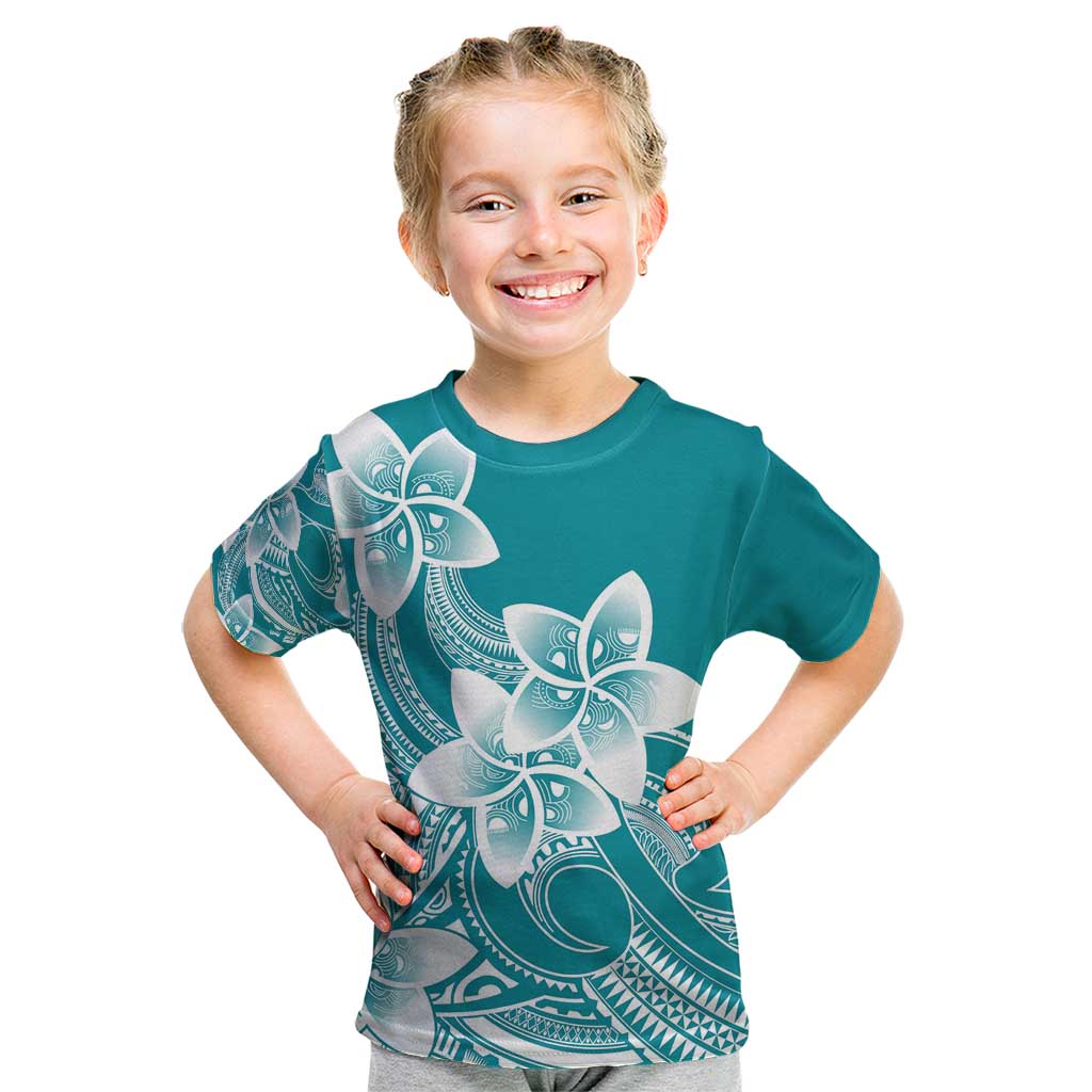 Polynesian Plumeria Flowers Tribal Kid T Shirt Pacific Tattoo Teal Style - Polynesian Pride