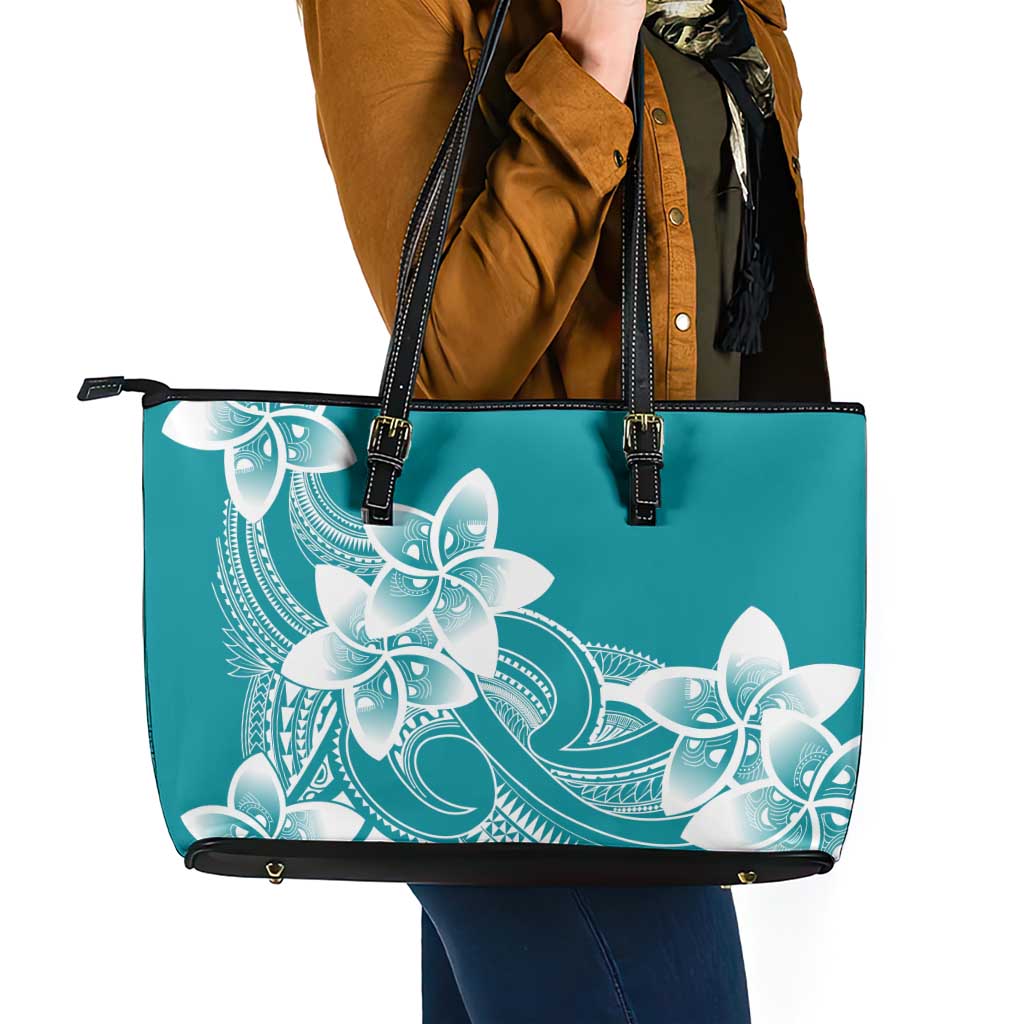 Polynesian Plumeria Flowers Tribal Leather Tote Bag Pacific Tattoo Teal Style - Polynesian Pride