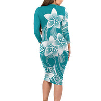 Polynesian Plumeria Flowers Tribal Long Sleeve Bodycon Dress Pacific Tattoo Teal Style - Polynesian Pride