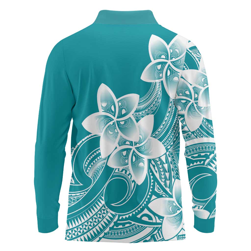 Polynesian Plumeria Flowers Tribal Long Sleeve Polo Shirt Pacific Tattoo Teal Style - Polynesian Pride