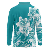 Polynesian Plumeria Flowers Tribal Long Sleeve Polo Shirt Pacific Tattoo Teal Style - Polynesian Pride