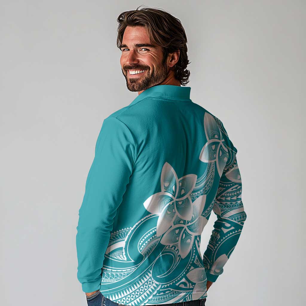 Polynesian Plumeria Flowers Tribal Long Sleeve Polo Shirt Pacific Tattoo Teal Style - Polynesian Pride