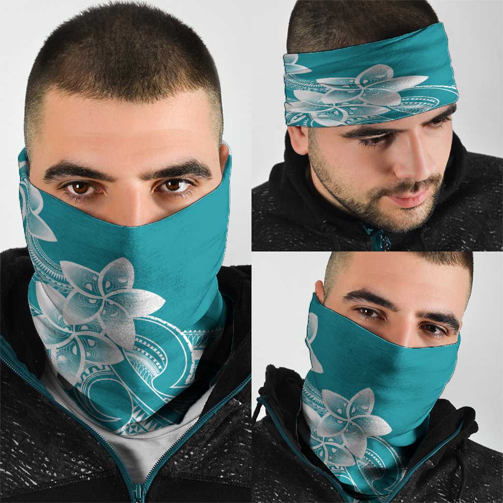 Polynesian Plumeria Flowers Tribal Neck Gaiter Pacific Tattoo Teal Style - Polynesian Pride
