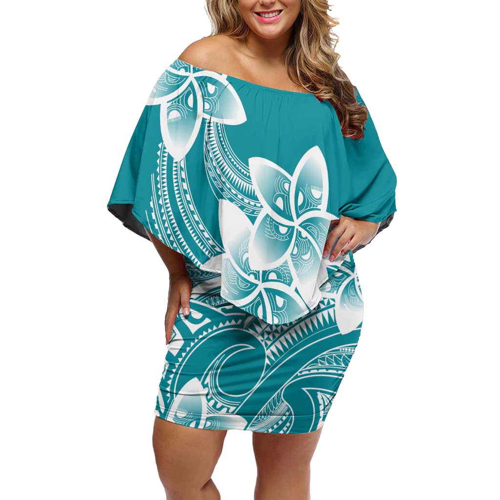 Polynesian Plumeria Flowers Tribal Off Shoulder Short Dress Pacific Tattoo Teal Style - Polynesian Pride